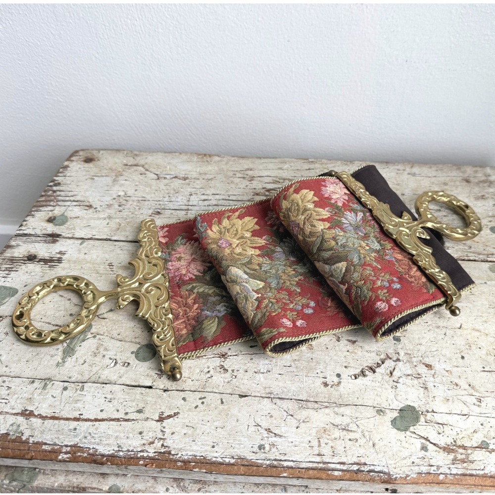Vintage Floral Tapestry Bell Pull Brass Hardware Burgundy Red Wall Hanging